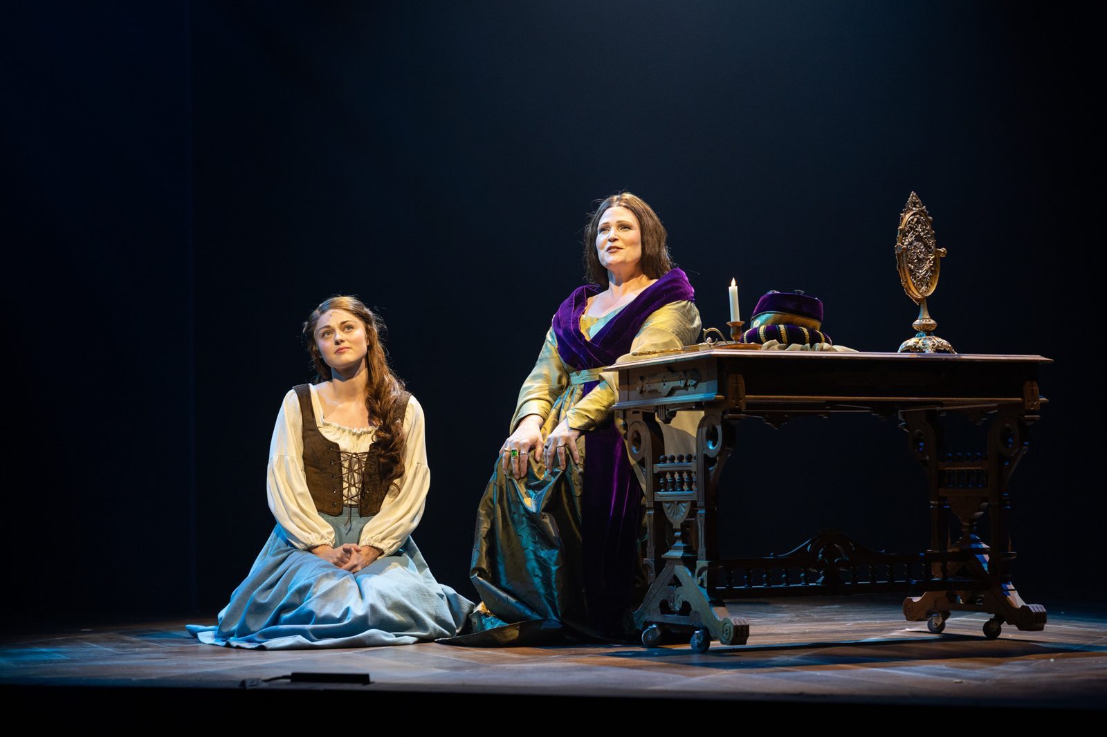 Bailee Endebrock as Danielle and Lisa Howard as Rodmilla in Ever After. Photo: Brennen Russell for The Phoenix Theatre Company.