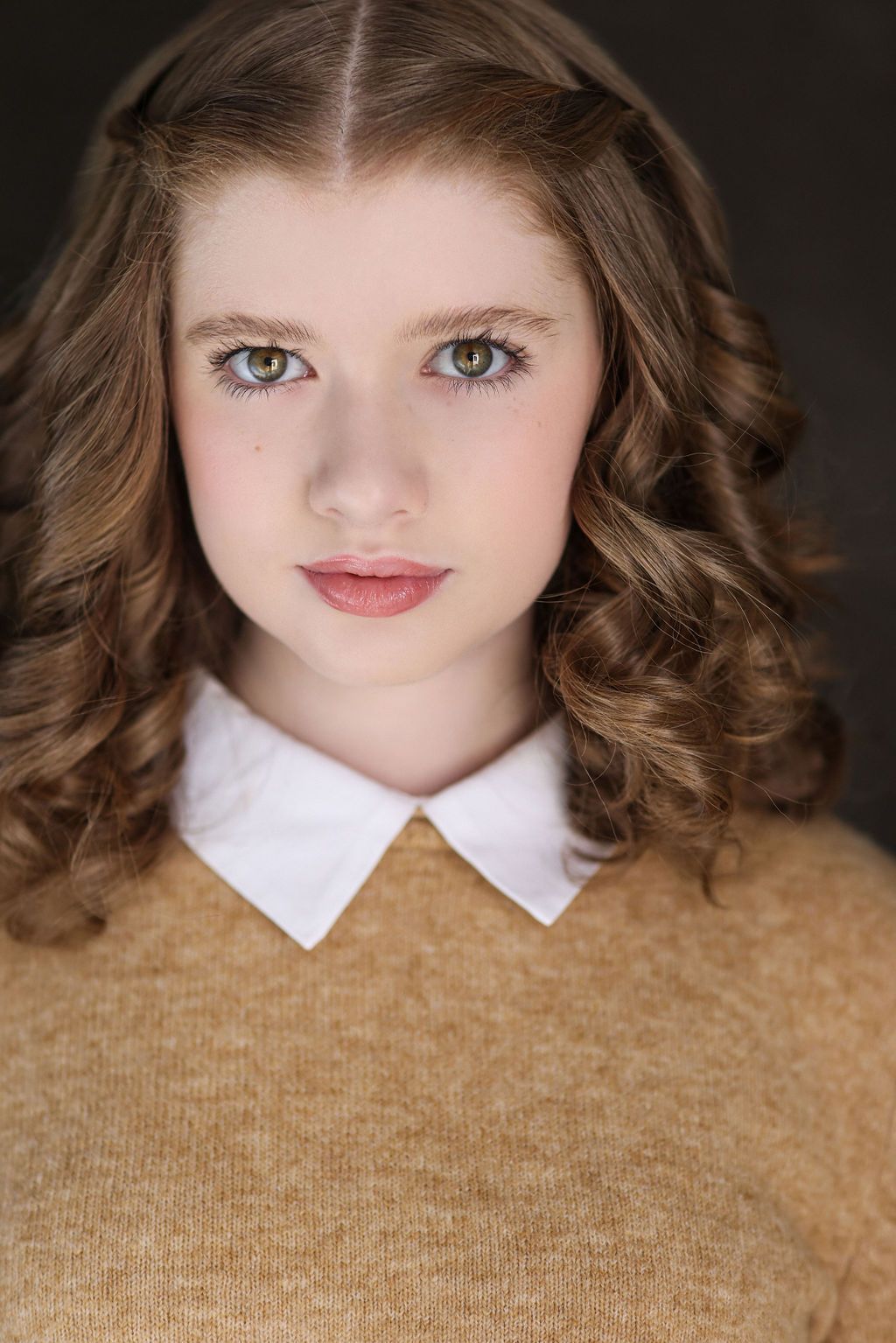 Parker Pitt, actor, headshot in a tan sweater with a white collar by Lilly K Photography