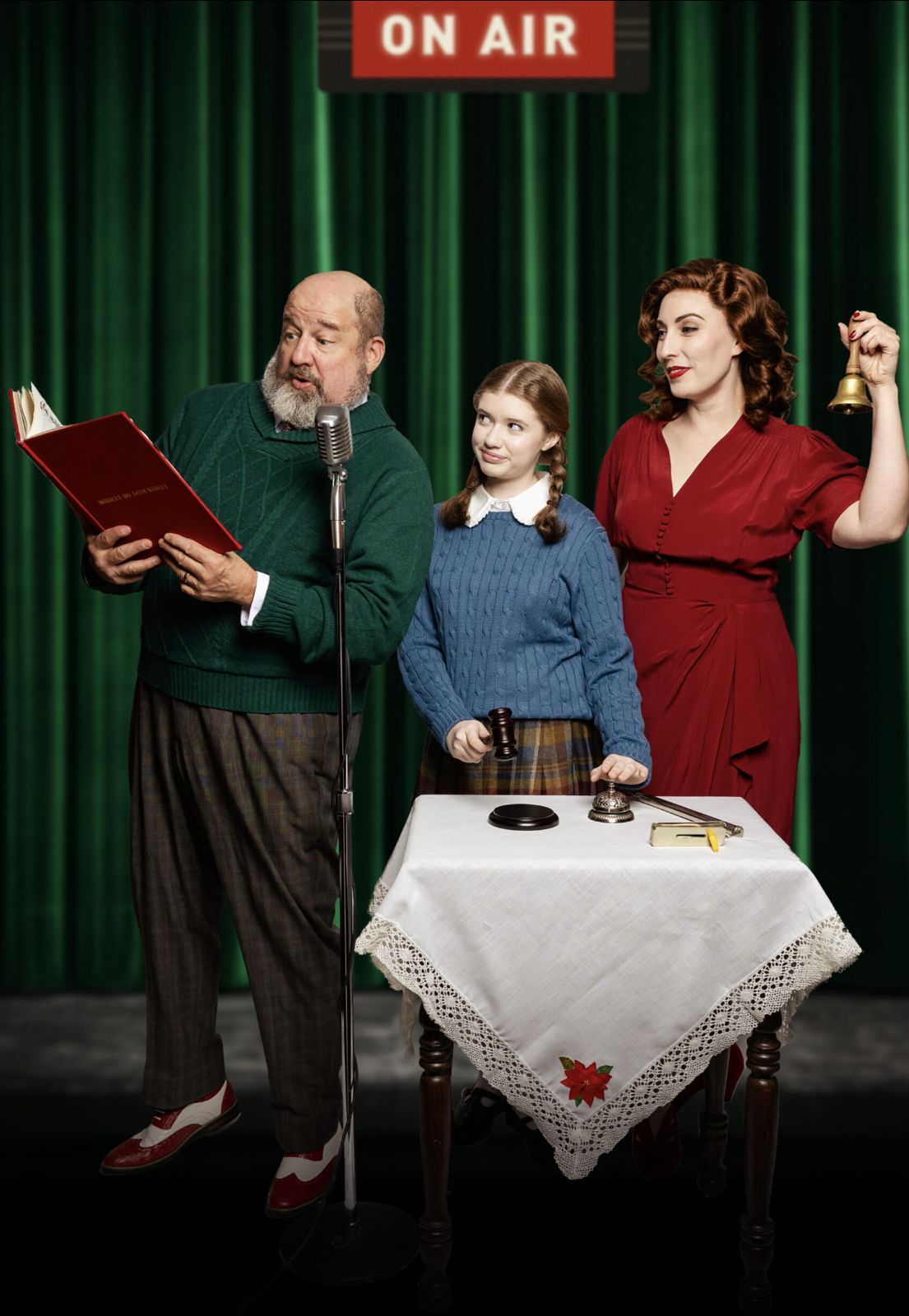 Parker Pitt as Gracie DeMarco with Kris Kringle and Doris Walker in Miracle on 34th Street: A Live Musical Radio Show at The Phoenix Theatre Company