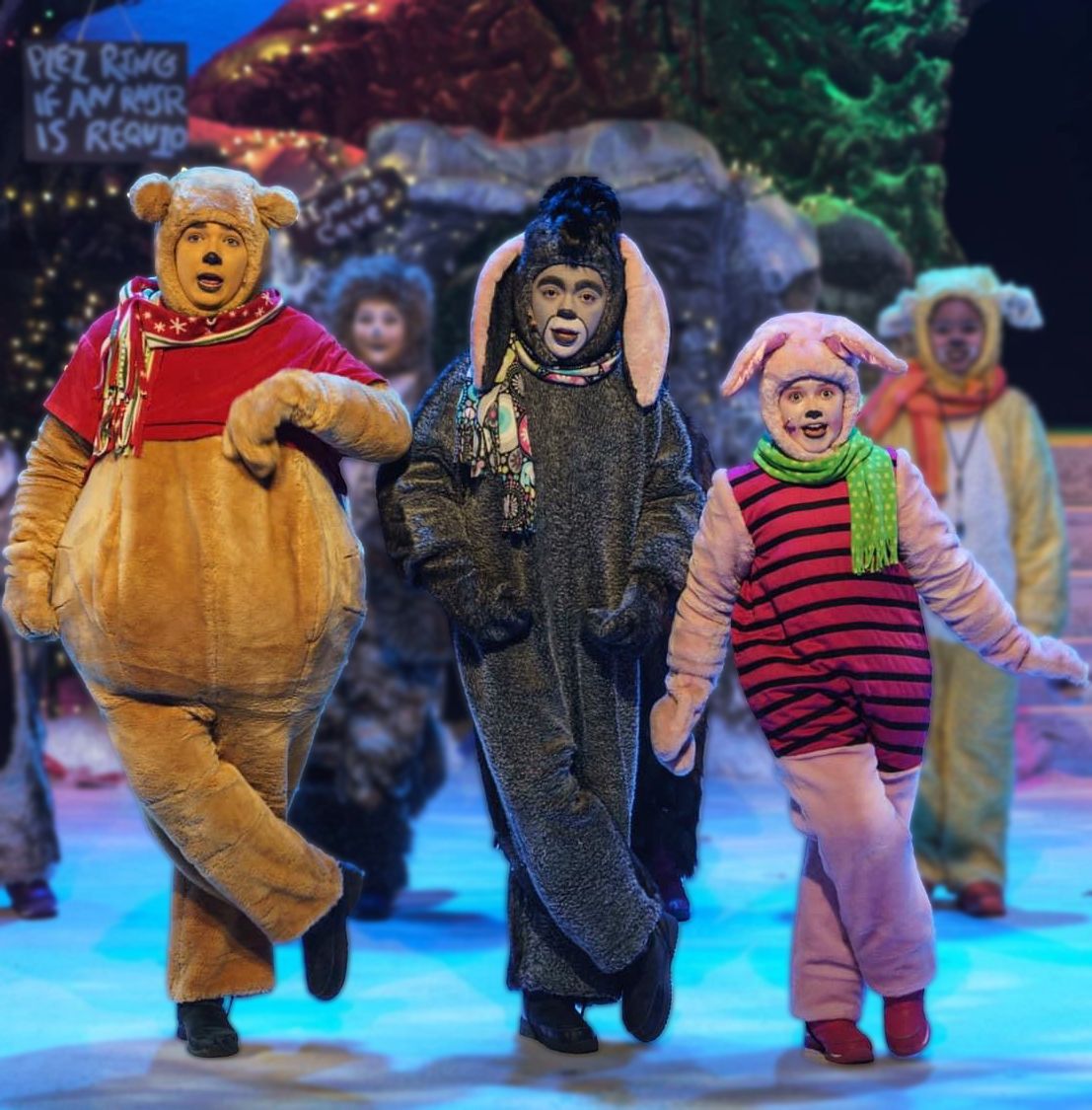 Parker Pitt as Piglet dancing with Eeyore and Pooh in A Winnie the Pooh Christmas Tail at Valley Youth Theatre